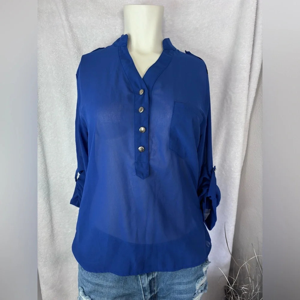 Sheer Blouse Roll Tab Sleeve Button Down Top Casual Shirt